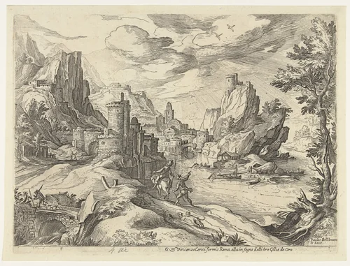 Rotskust in Campania met stad en reizigers by Unknown, print, 1590