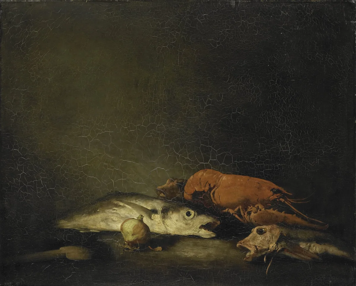 Stilleven met vissen en een kreeft by Théodule Augustin Ribot, painting, 1850-1891