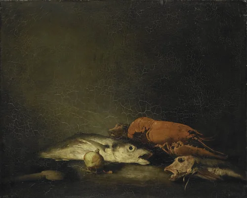 Stilleven met vissen en een kreeft by Théodule Augustin Ribot, painting, 1850-1891