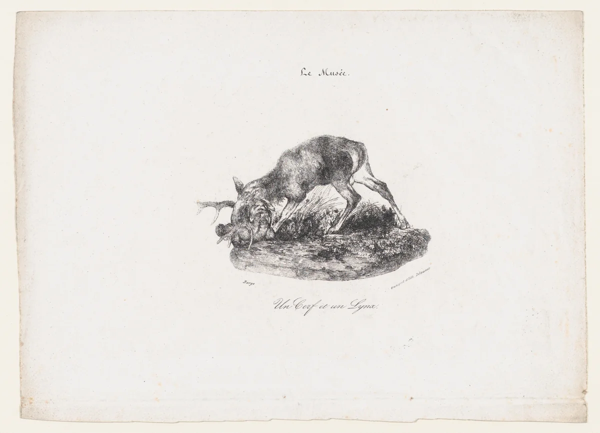 A Deer and a Lynx by Antoine-Louis Barye, print, 1834