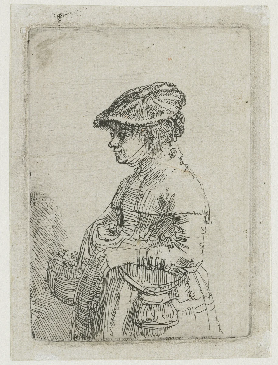 Girl with a Basket by Rembrandt van Rijn, print, 1642