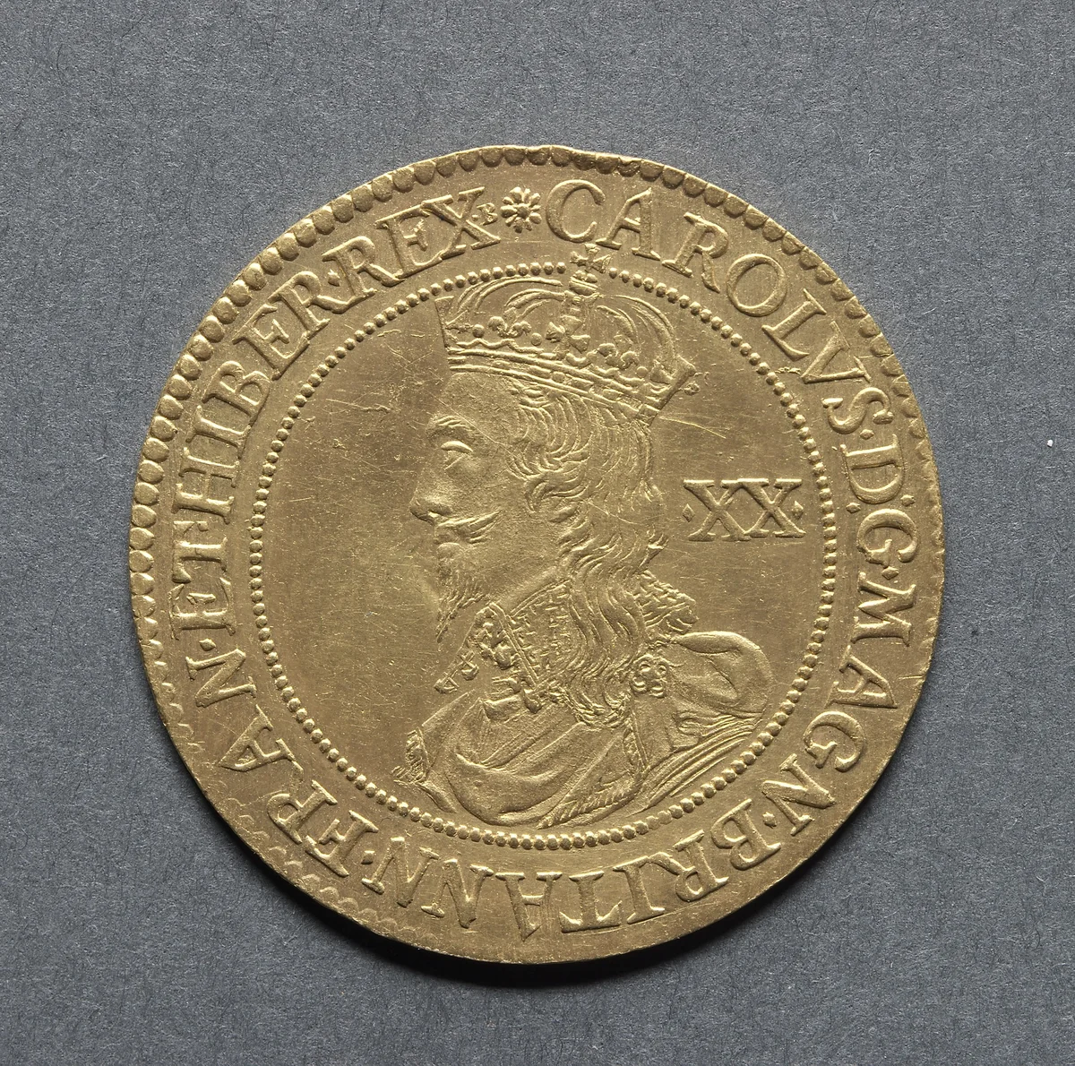 Unite: Charles I (obverse) by Nicholas Briot, metalwork, 1631-1632