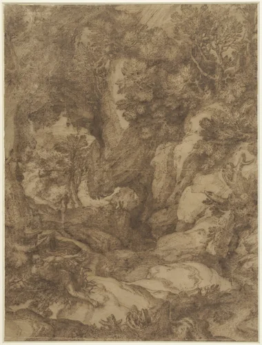 Heilige Benedictus in een landschap by Girolamo Muziano, drawing, 1542-1592