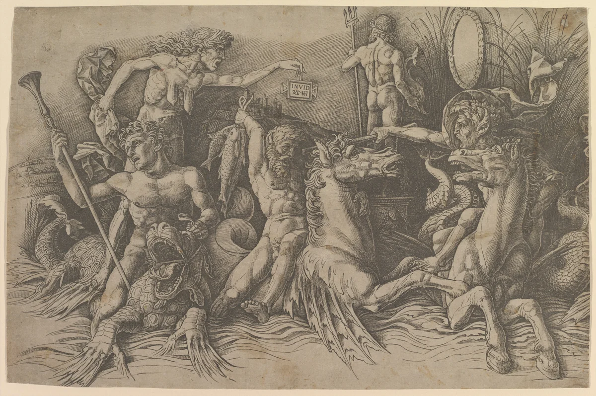 The Battle of the Sea Gods (left portion of frieze) by Andrea Mantegna, print, 1481