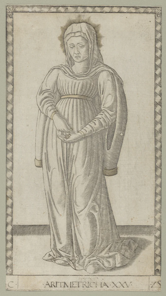 Arithmetic by Master of the E-Series Tarocchi, print, 1460-1470