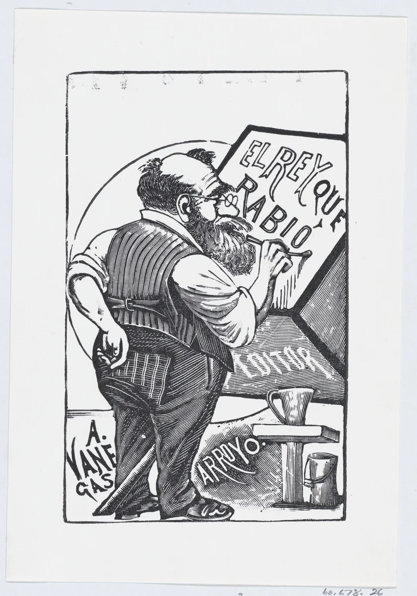 An old man with spectacles and one hand behind his back painting on a wooden block, illustration for 'El Rey que Rabio' by José Guadalupe Posada, print, 1875-1885