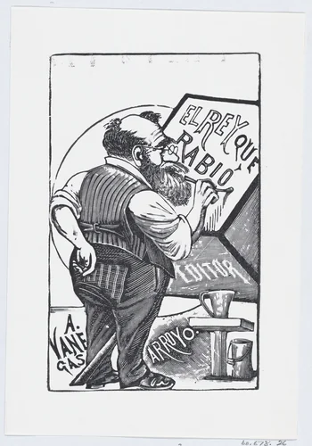 An old man with spectacles and one hand behind his back painting on a wooden block, illustration for 'El Rey que Rabio' by José Guadalupe Posada, print, 1875-1885