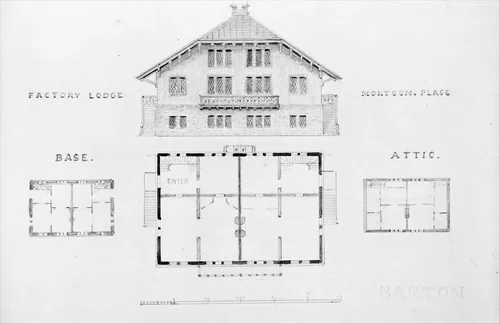 Switz[erland] Cottage (elevation and three plans), and Factory Lodge (elevation and three plans) for Montgomery Place, Annandale-on-Hudson, New York by Alexander Jackson Davis, drawing, 1866-1867