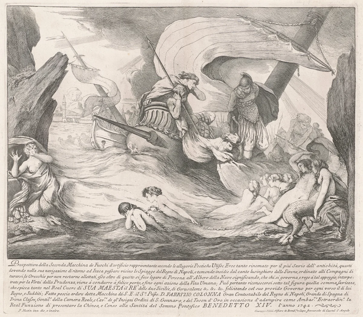 The Seconda Macchina for the Chinea of 1742: Ulysses and the Sirens by François Hutin, print, 1742