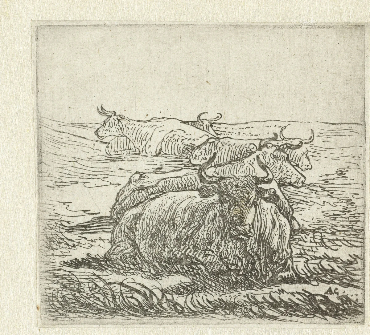 Vijf rustende koeien by Aelbert Cuyp, print, 1630-1691