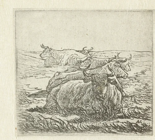 Vijf rustende koeien by Aelbert Cuyp, print, 1630-1691