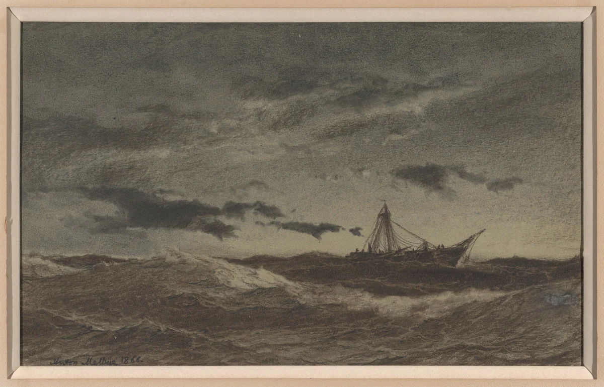 Fishing Boat at Sea by Anton Melbye, drawing, 1866