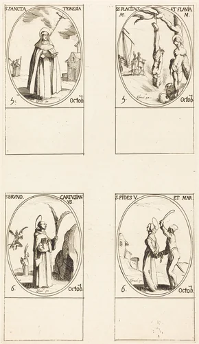 St. Theresa; St. Placidus and Flavia; St. Bruno; St. Faith by Jacques Callot, print, 1627-1637