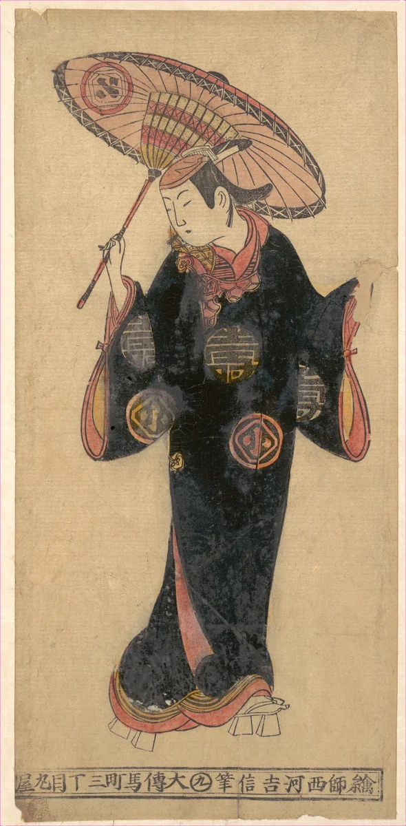 The Actor Arashi Wakano as a wakashu (youth) in a kappa (raincoat) by Nishikawa Yoshinobu, print, 1715-1735