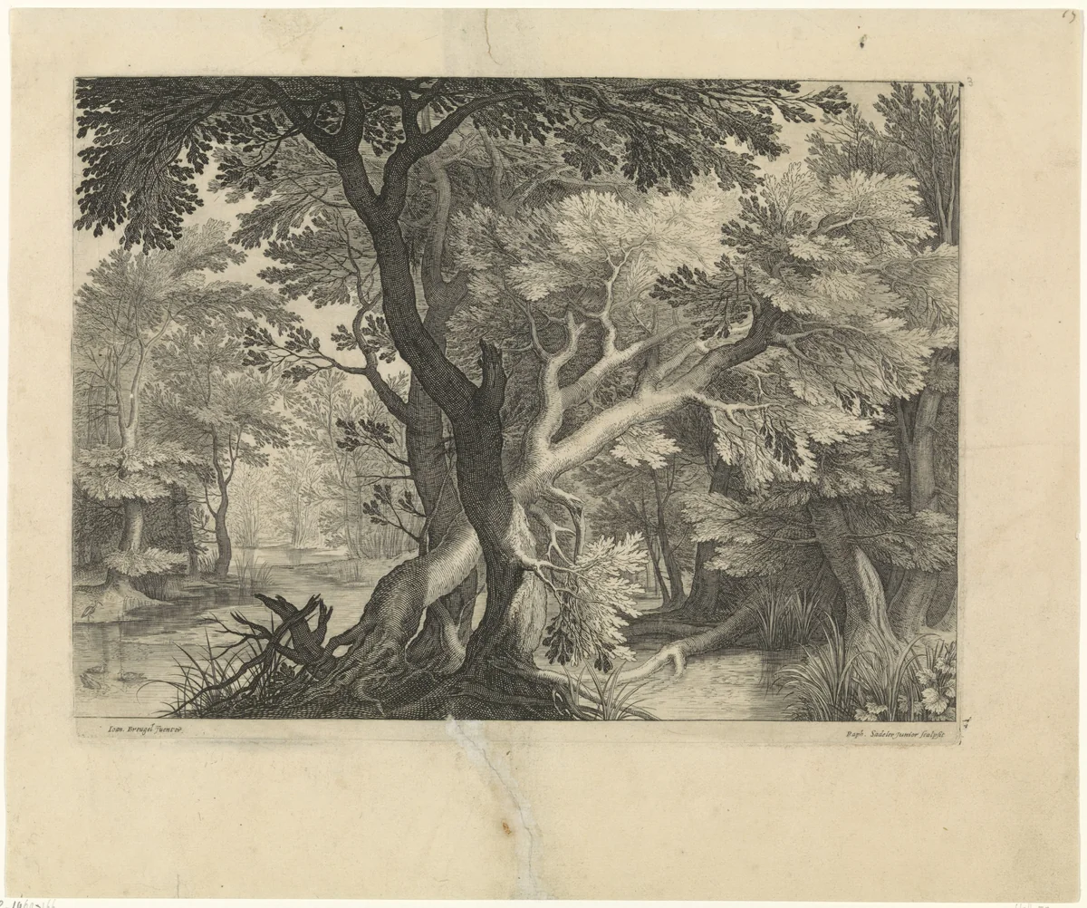 Boslandschap met rivier by Unknown, print, 1594-1632