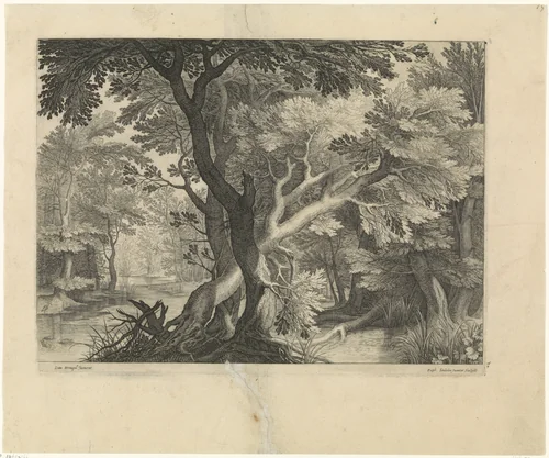 Boslandschap met rivier by Unknown, print, 1594-1632