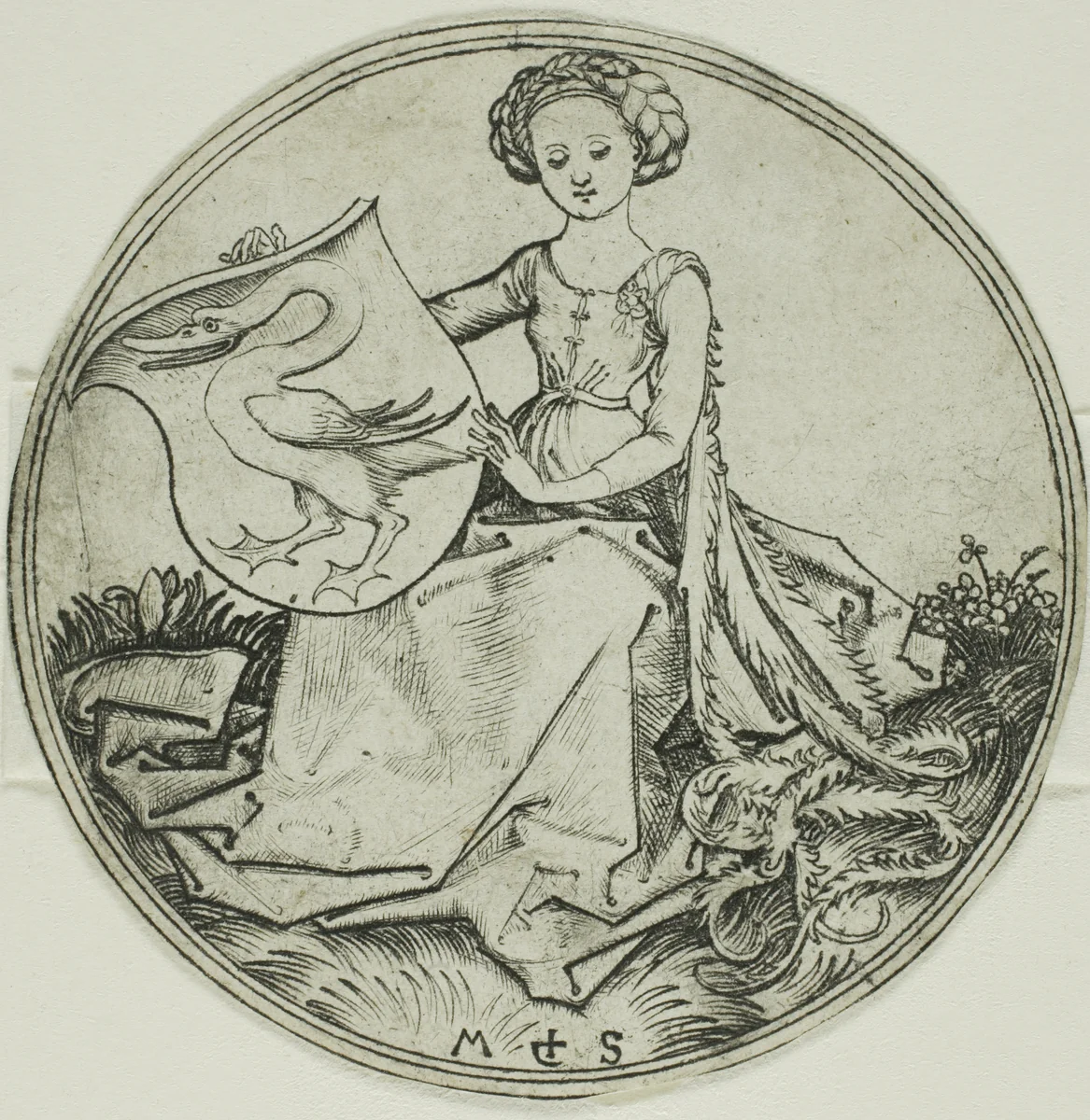 Shield with a Swan, Held by a Seated Lady by Martin Schongauer, print, 1450-1491