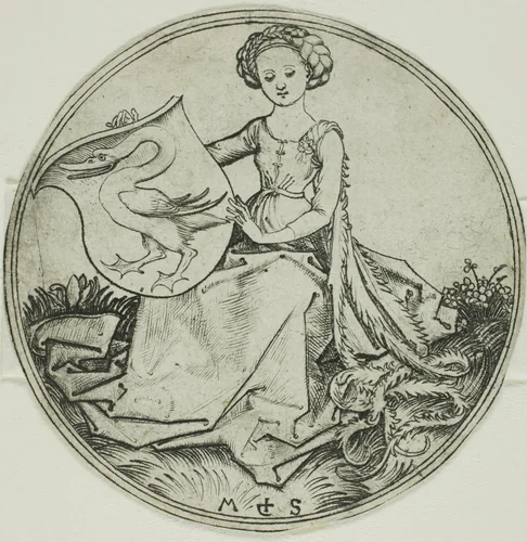 Shield with a Swan, Held by a Seated Lady by Martin Schongauer, print, 1450-1491