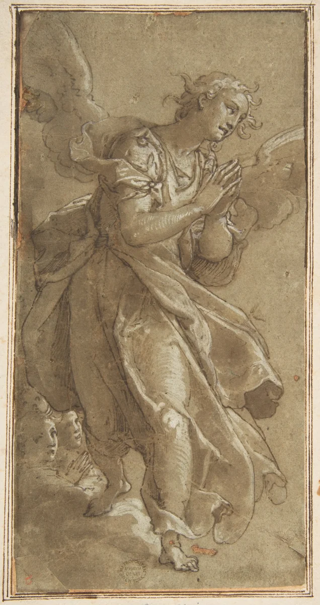 A Standing Angel and two Cherubs by Federico Zuccaro, drawing, 1561-1571