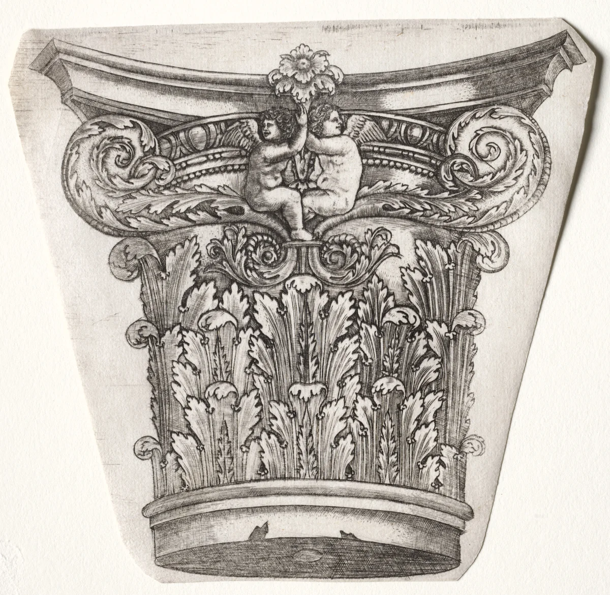 Base and Capital with Putti by Master G. A., print, 1525-1550