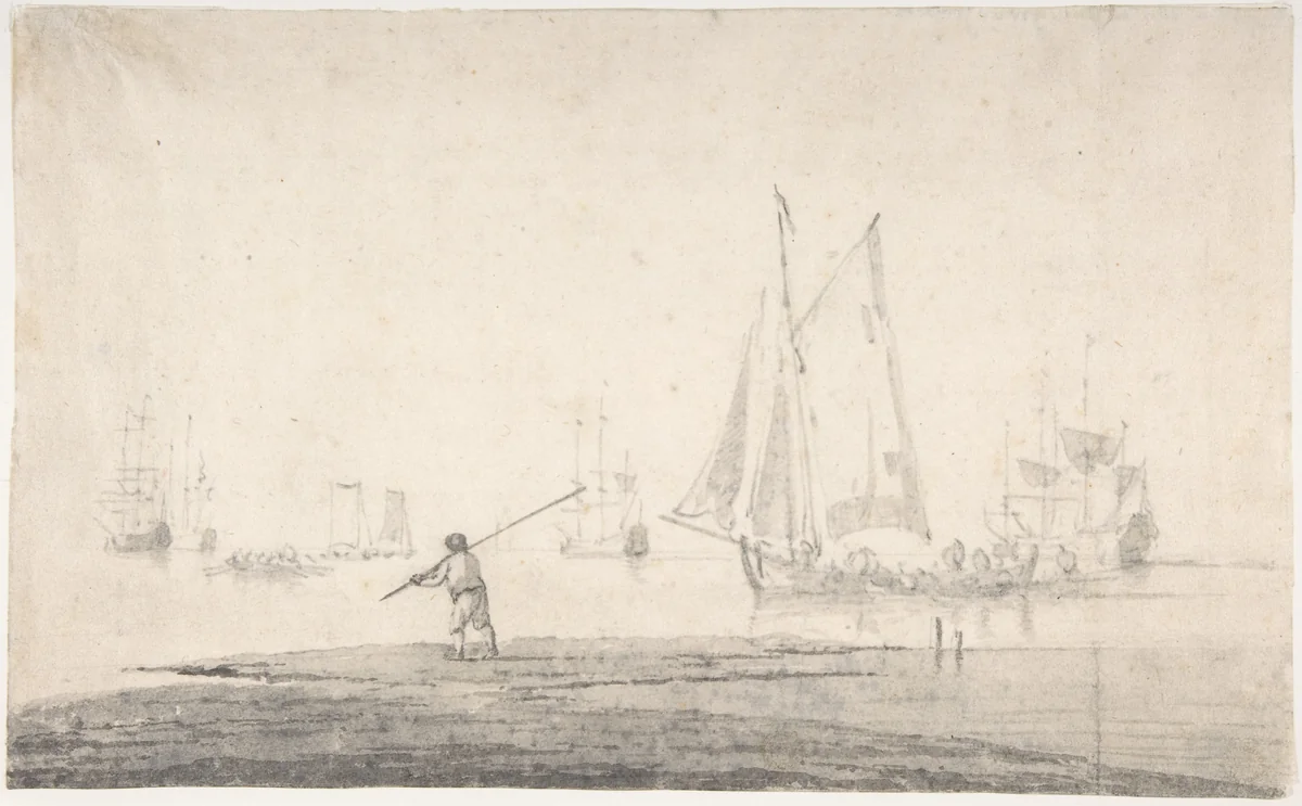 Boats Becalmed by Willem van de Velde II, drawing, 1648-1707