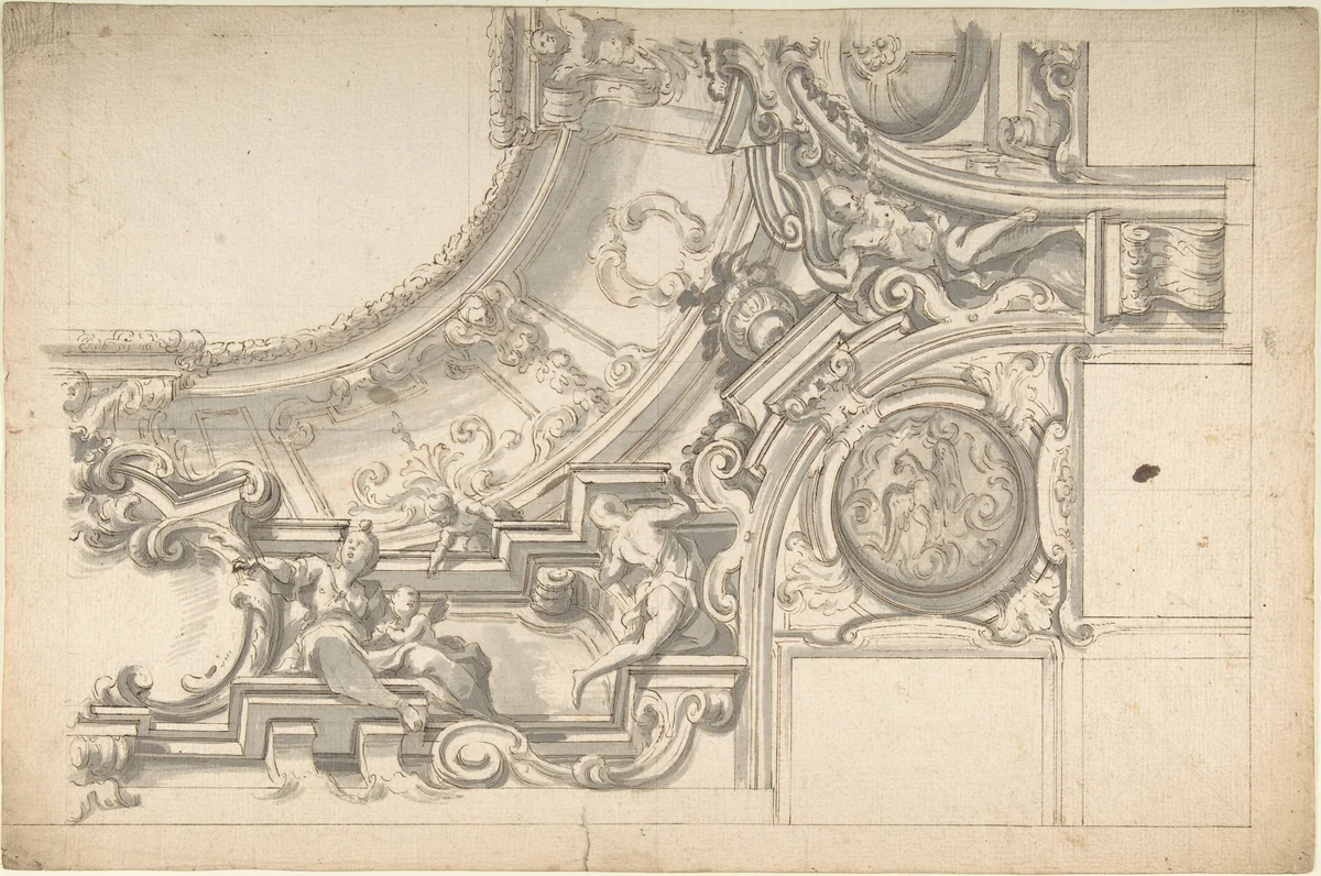 Design for half Ceiling in stucco by anonymous, drawing, 1700-1780