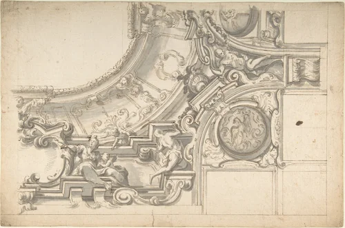 Design for half Ceiling in stucco by anonymous, drawing, 1700-1780