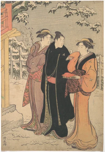 Man in a Black Haori (Coat) and Two Women Approaching a Temple by Torii Kiyonaga (鳥居清長), print, 1742-1815