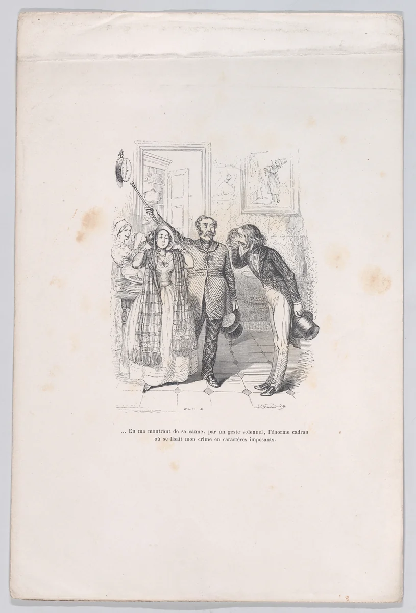 Pointing me to the evidence of my crime with his cane, from "Little Miseries of Human Life" by J. J. Grandville, print, 1843