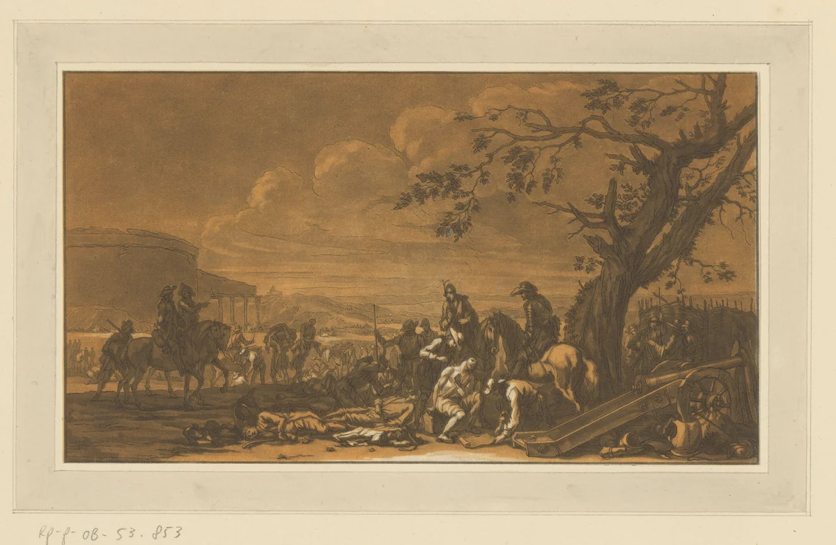 Verzorgen van de gewonden na de veldslag by Christian Rugendas, print, 1718-1781