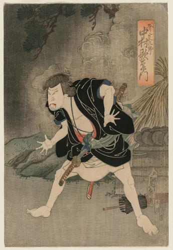Nakamura Utaemon IV as Ono Sadakuro in Act Five of Kanadehon Chushingura, Naka Theater by Utagawa Sadamasu (初代歌貞升), print, 1838