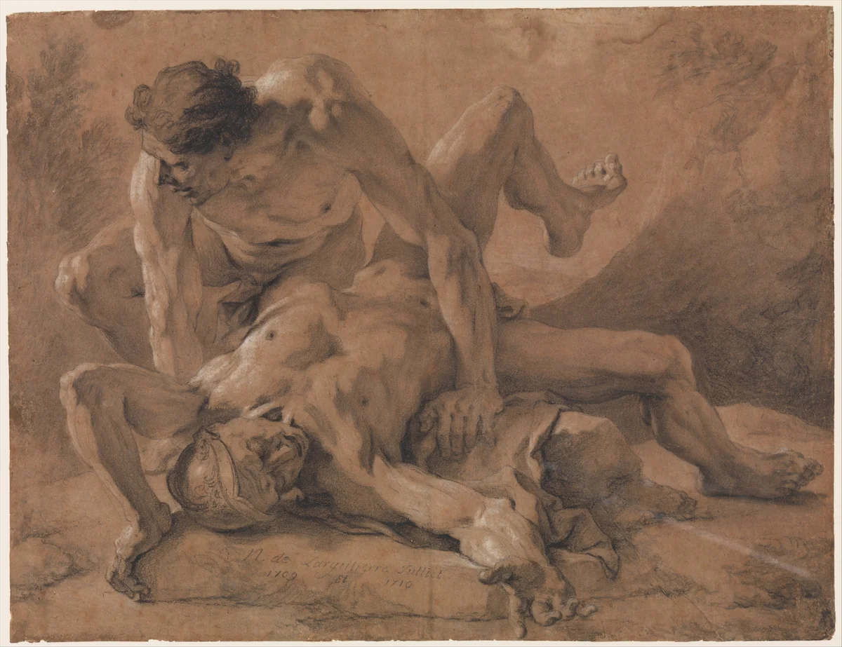 Two Nude Male Figures Struggling Together by Nicolas de Largillierre, drawing, 1709-1710