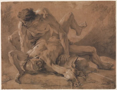Two Nude Male Figures Struggling Together by Nicolas de Largillierre, drawing, 1709-1710