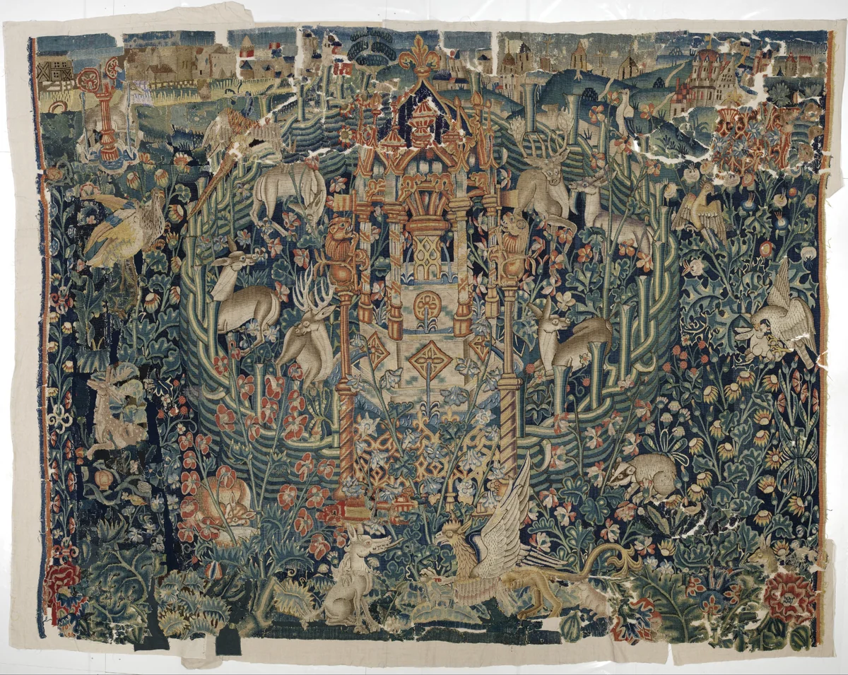 Verdure met dieren, een besloten tuin en een levensbron by anonymous, textile, 1500-1525