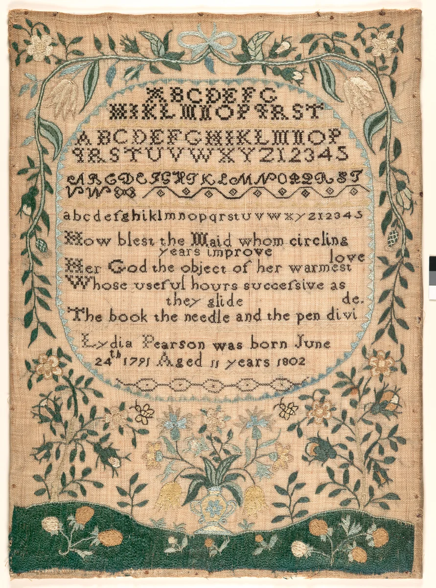 Sampler by Lydia Pearson, artwork, 1802