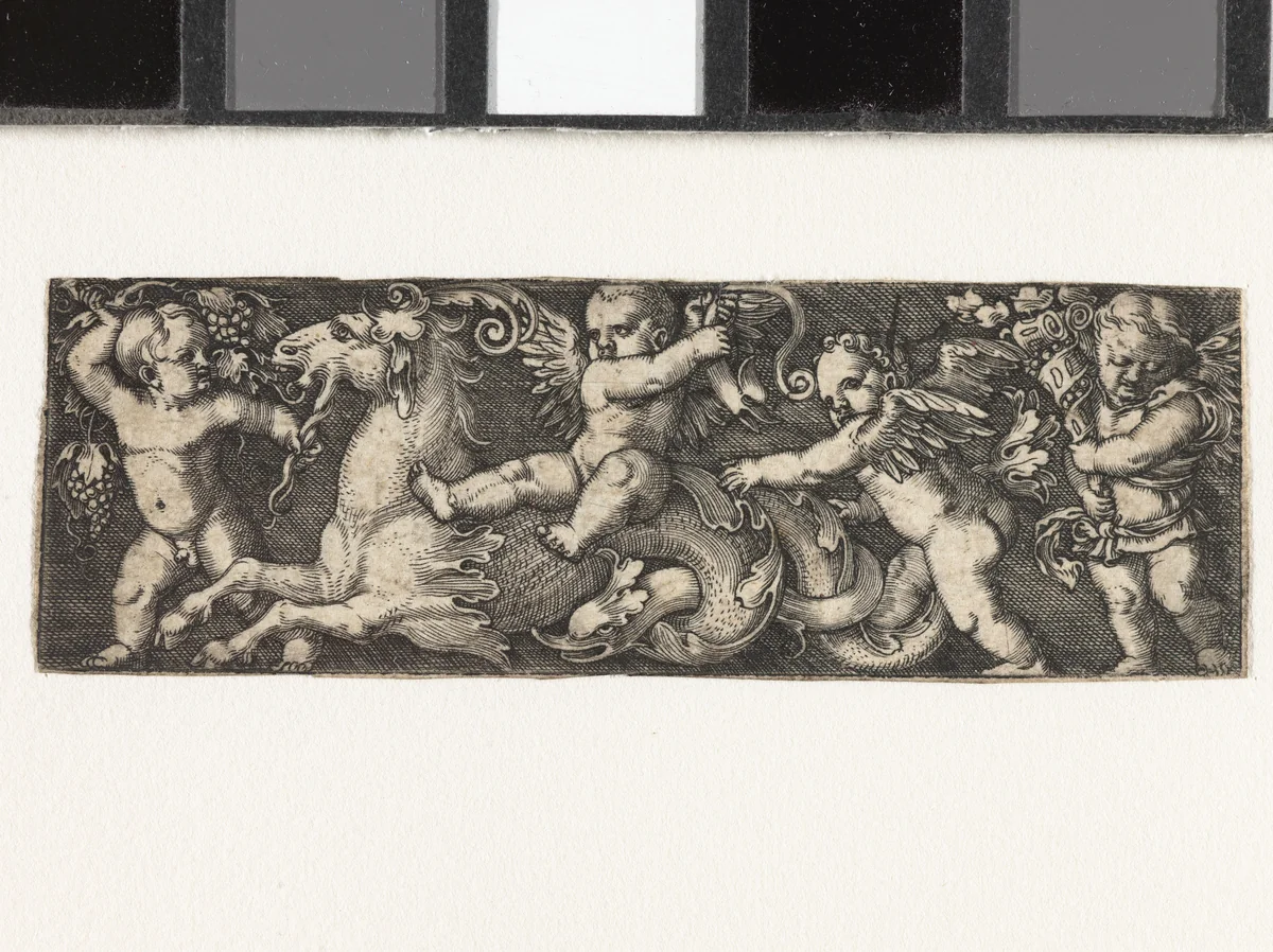 Fries met vier putti en een zeepaard by Barthel Beham, print, 1512-1540