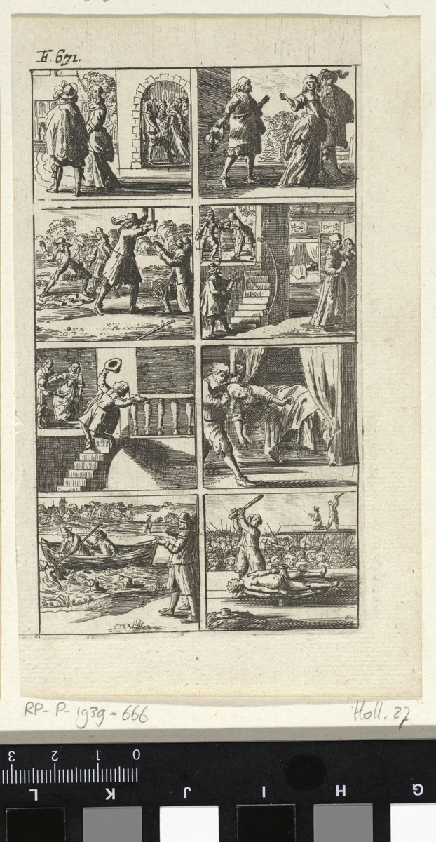 Verhaal met voorstellingen van moord en doodstraf (F. 671.) by Abraham Dircksz. Santvoort, print, 1667