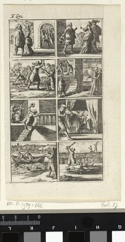 Verhaal met voorstellingen van moord en doodstraf (F. 671.) by Abraham Dircksz. Santvoort, print, 1667