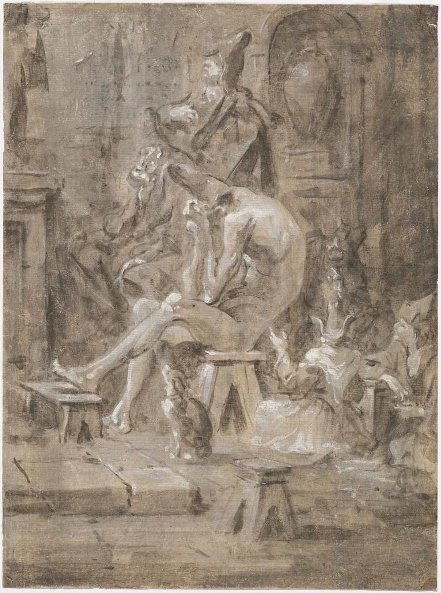 A Penitent at a Quaker Sermon by Alessandro Magnasco, drawing, 1712