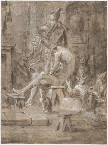 A Penitent at a Quaker Sermon by Alessandro Magnasco, drawing, 1712