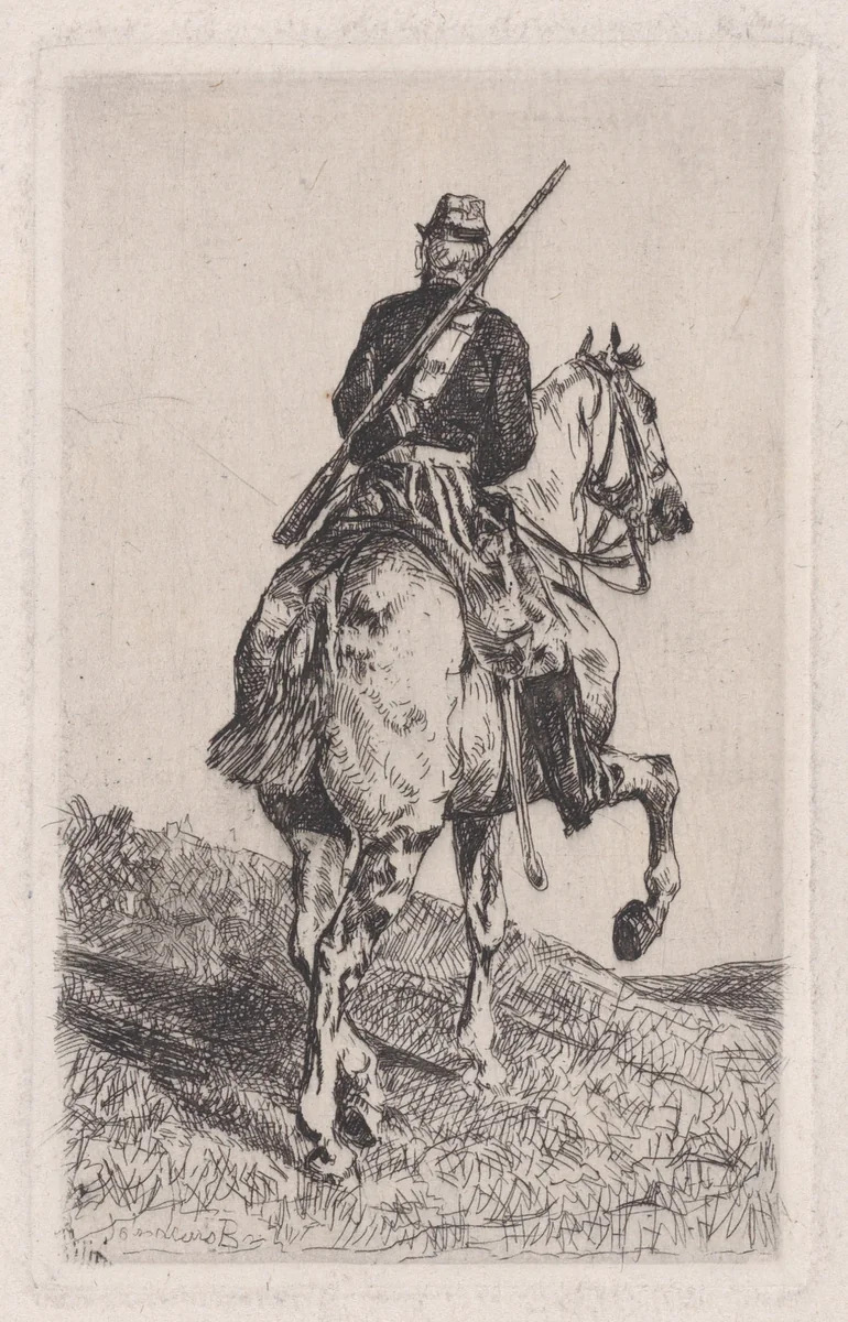 Man on horseback by John Lewis Brown, print, 1847-1890
