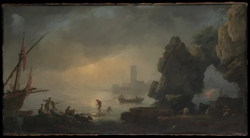 Harbor Scene with a Grotto and Fishermen Hauling in Nets by Joseph Vernet, painting, 1770-1799