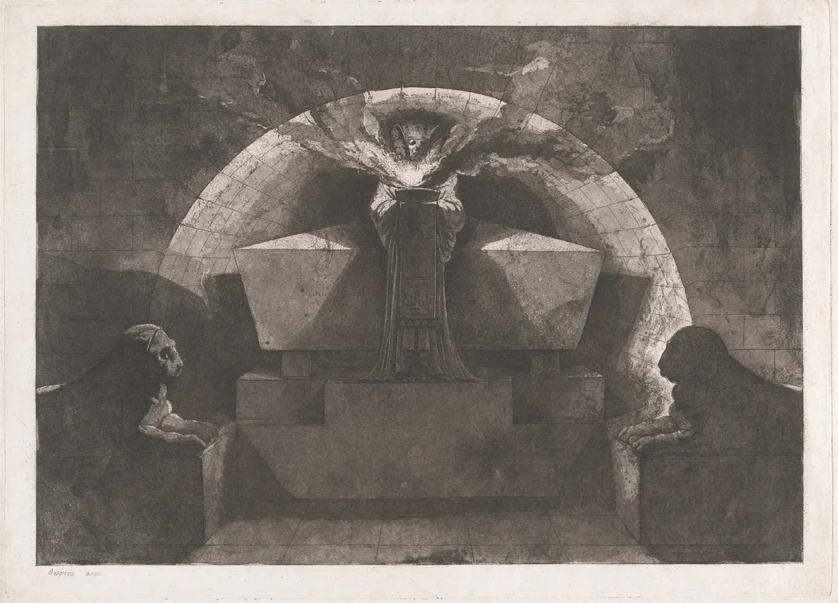 Tomb with Death Standing by Louis Jean Desprez, print, 1774-1784