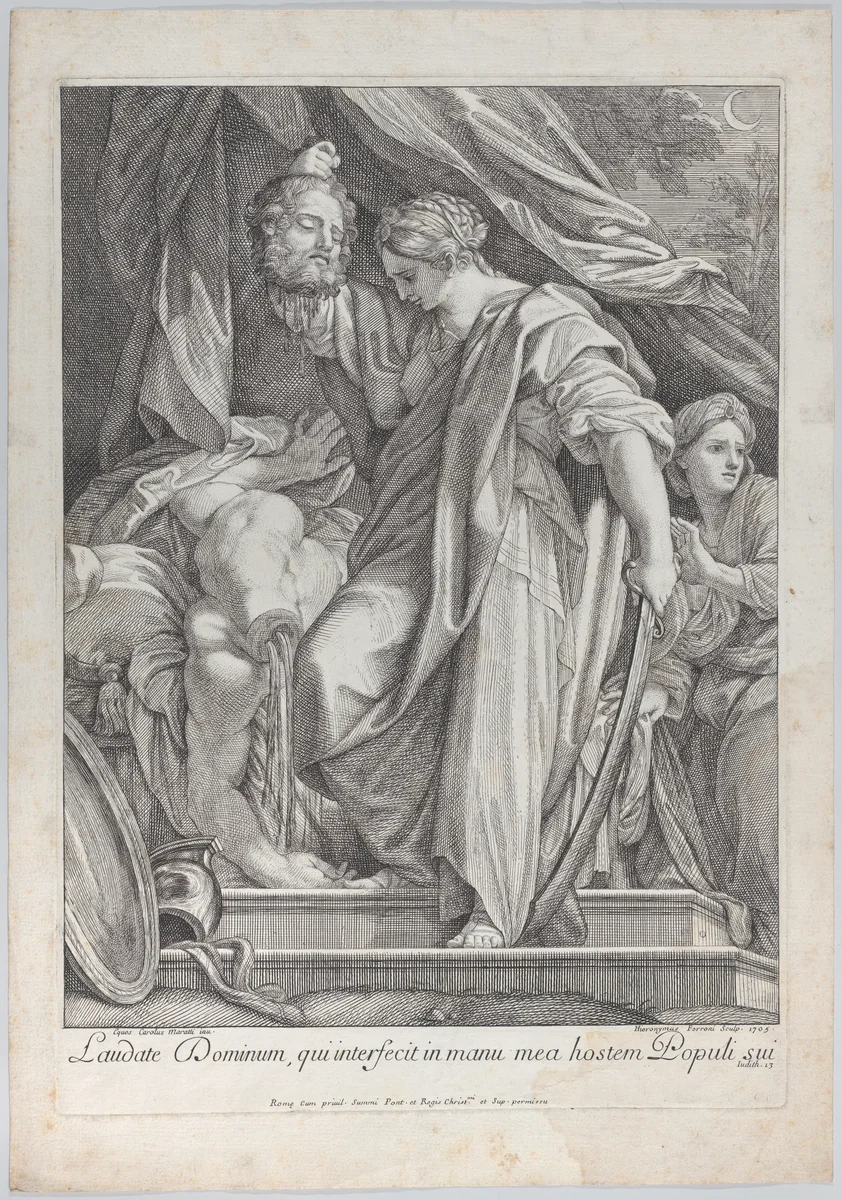 Judith cutting the head off Holofernes by Hieronymus Ferroni, print, 1705