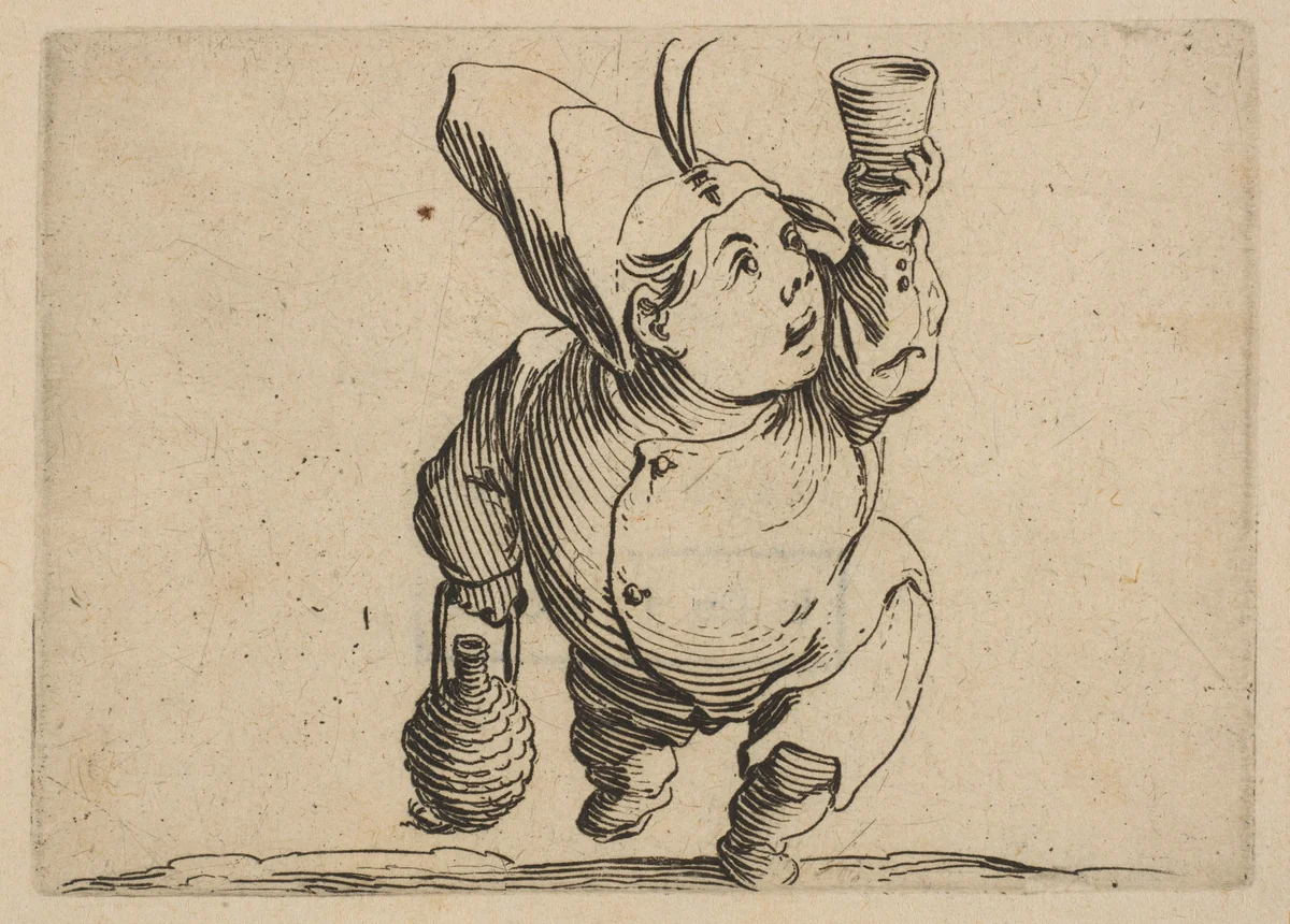 Le Beveur vu de Face (The Drinker Viewed from the Front), from "Varie Figure Gobbi, suite appelée aussi Les Bossus, Les Pygmées, Les Nains Grotesques" (Various Hunchbacked Figures, The Hunchbacks, The Pygmes, The Grotesque Dwarfs) by Jacques Callot, print, 1616-1622