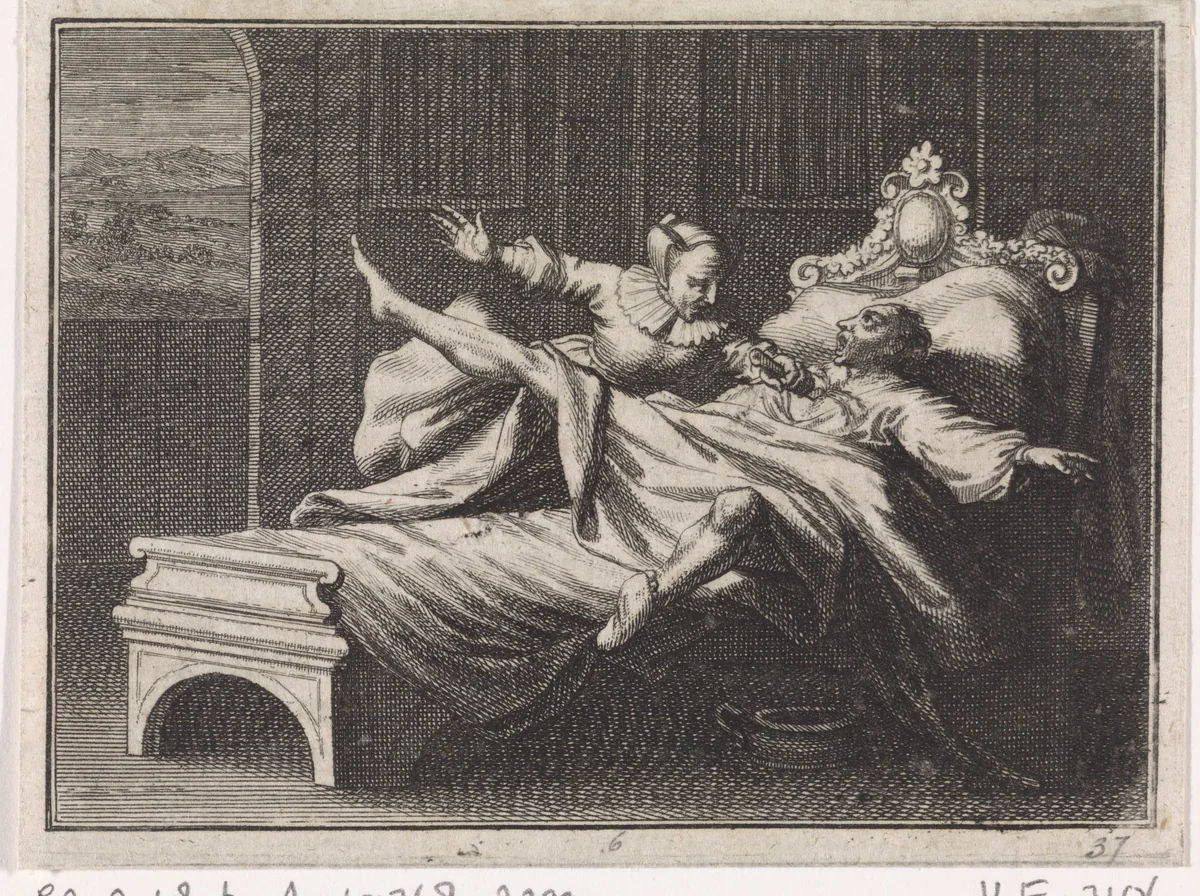 Vrouw doorsteekt een man in bed by Caspar Luyken, print, 1704