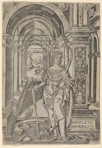 Saint Catherine, sword in her right hand, palm in her left by Nicoletto da Modena, print, 1495-1515