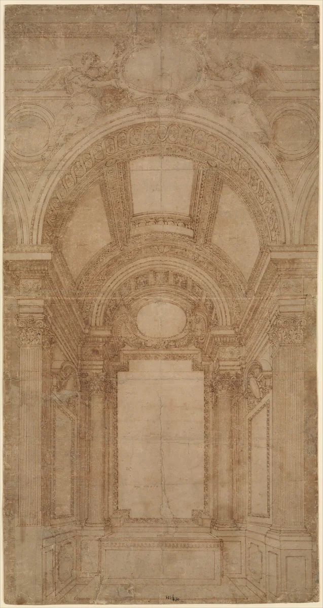 Design for an Elaborate Barrel-Vaulted Chapel by Baldassarre Tommaso Peruzzi, drawing, 1481-1536
