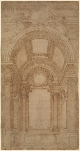 Design for an Elaborate Barrel-Vaulted Chapel by Baldassarre Tommaso Peruzzi, drawing, 1481-1536