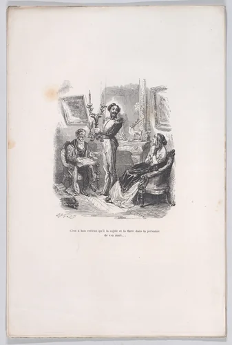 It is good that he coaxes and flatters her in front of her husband, from "Little Miseries of Human Life" by J. J. Grandville, print, 1843